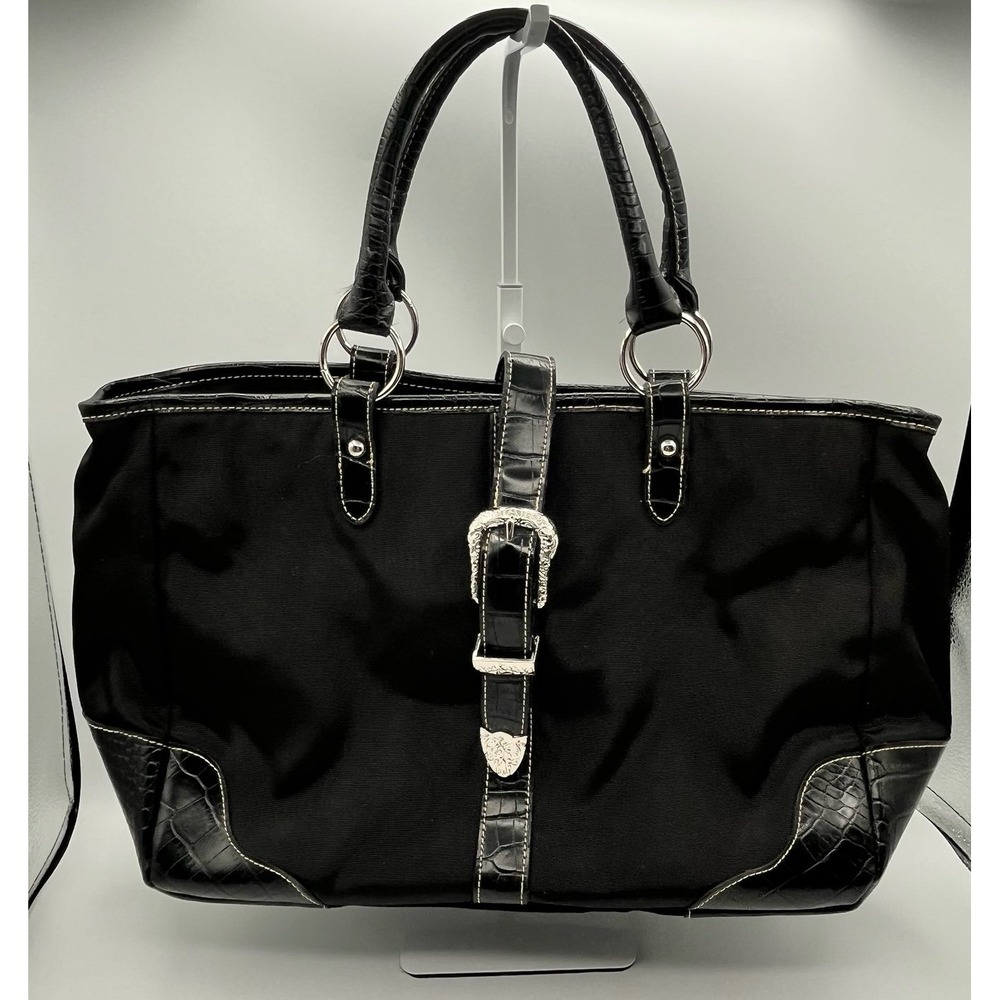 Ariat Black Tote Bag Western Shoulder Purse Faux Croc Trim‎ Large Carryall